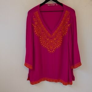 Soft Surroundings Womens Hot Pink Orange Embroidered Artsy Boho Coastal Tunic 1X